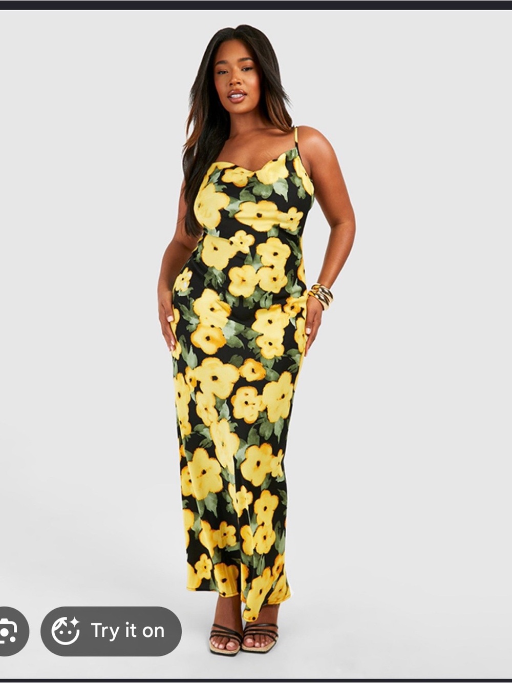 💕 sale 💕 Boohoo Plus Black Maxi Slip Dress with Yellow Floral Print